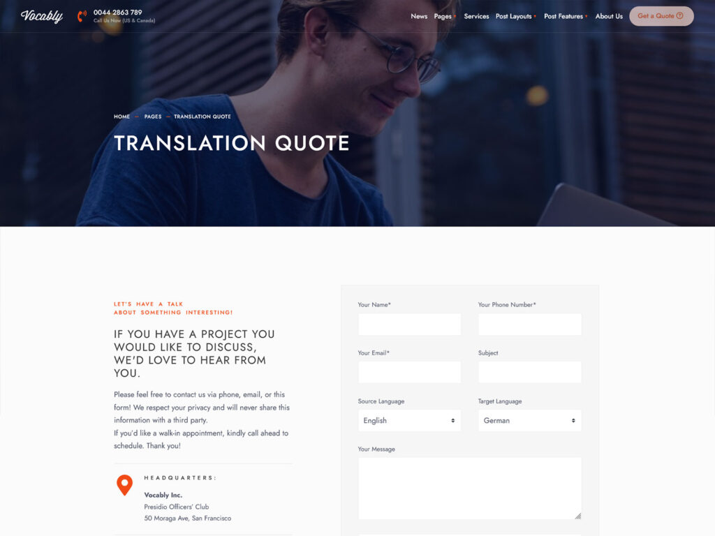Vocably - Translation Agency WordPress Theme - Get a Quote template