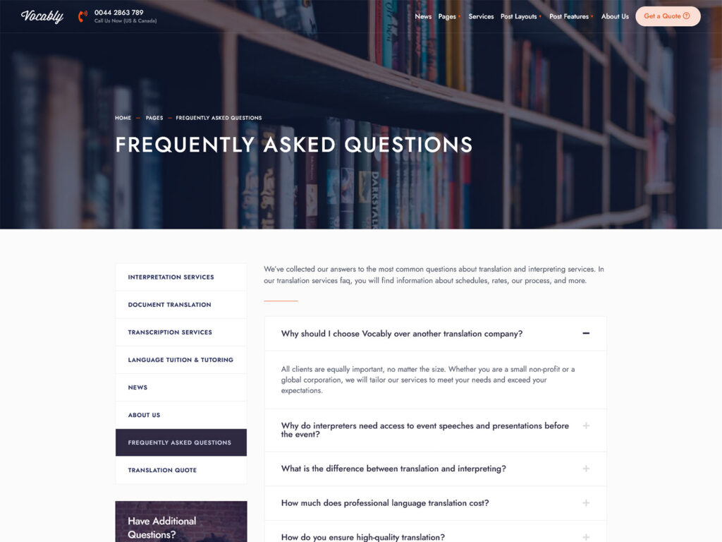 Vocably - Translation Agency WordPress Theme - FAQs template