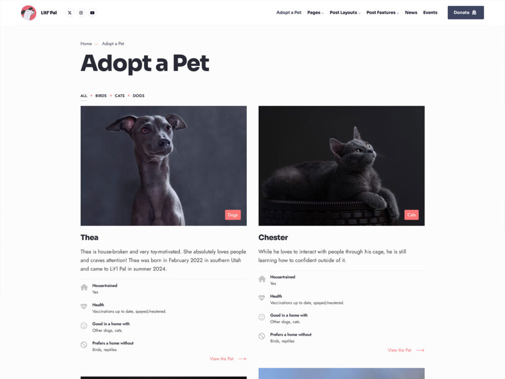 Litl' Pal - Animal adoption center website with pet listings